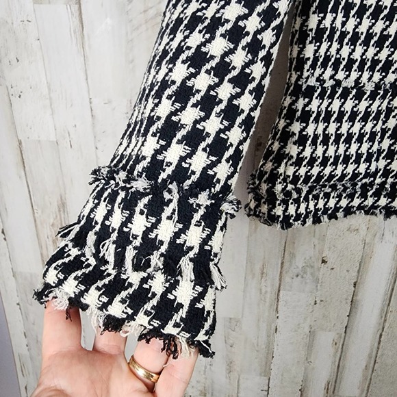 Ann Taylor Houndstooth Fringe Blazer Jacket Black White Size 4 - Picture 7 of 13